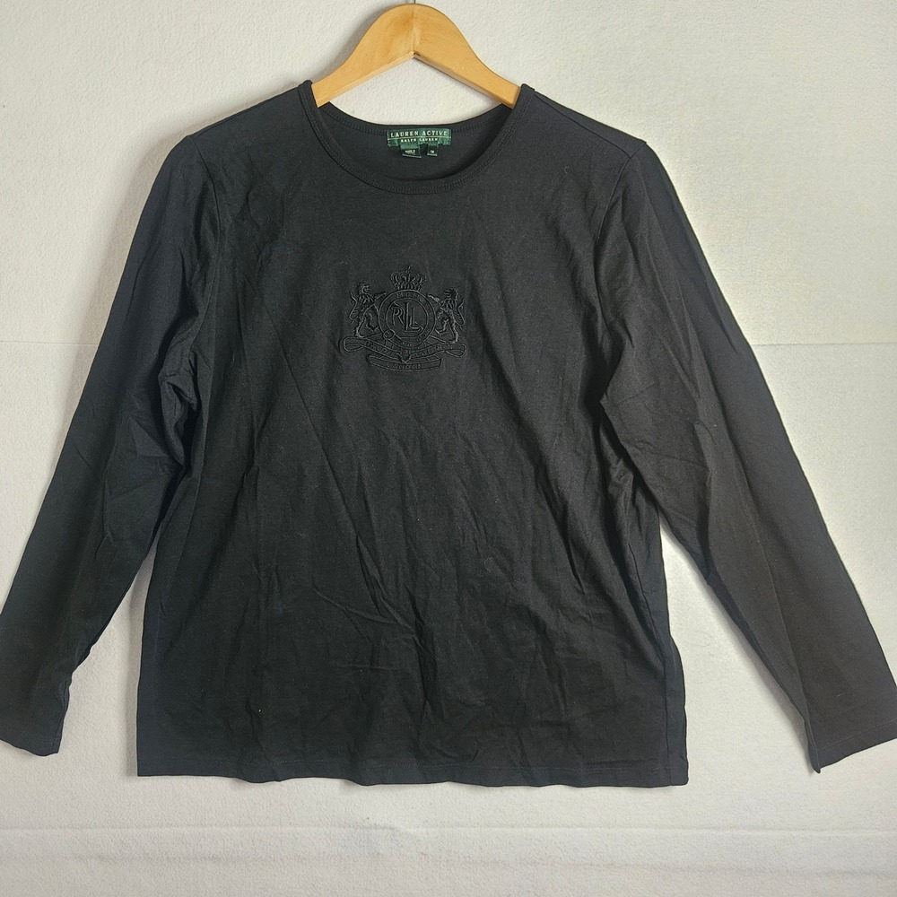 Lauren Active Ralph Lauren Womens 1X Black Cotton Long Sleeve Crest T-Shirt Top